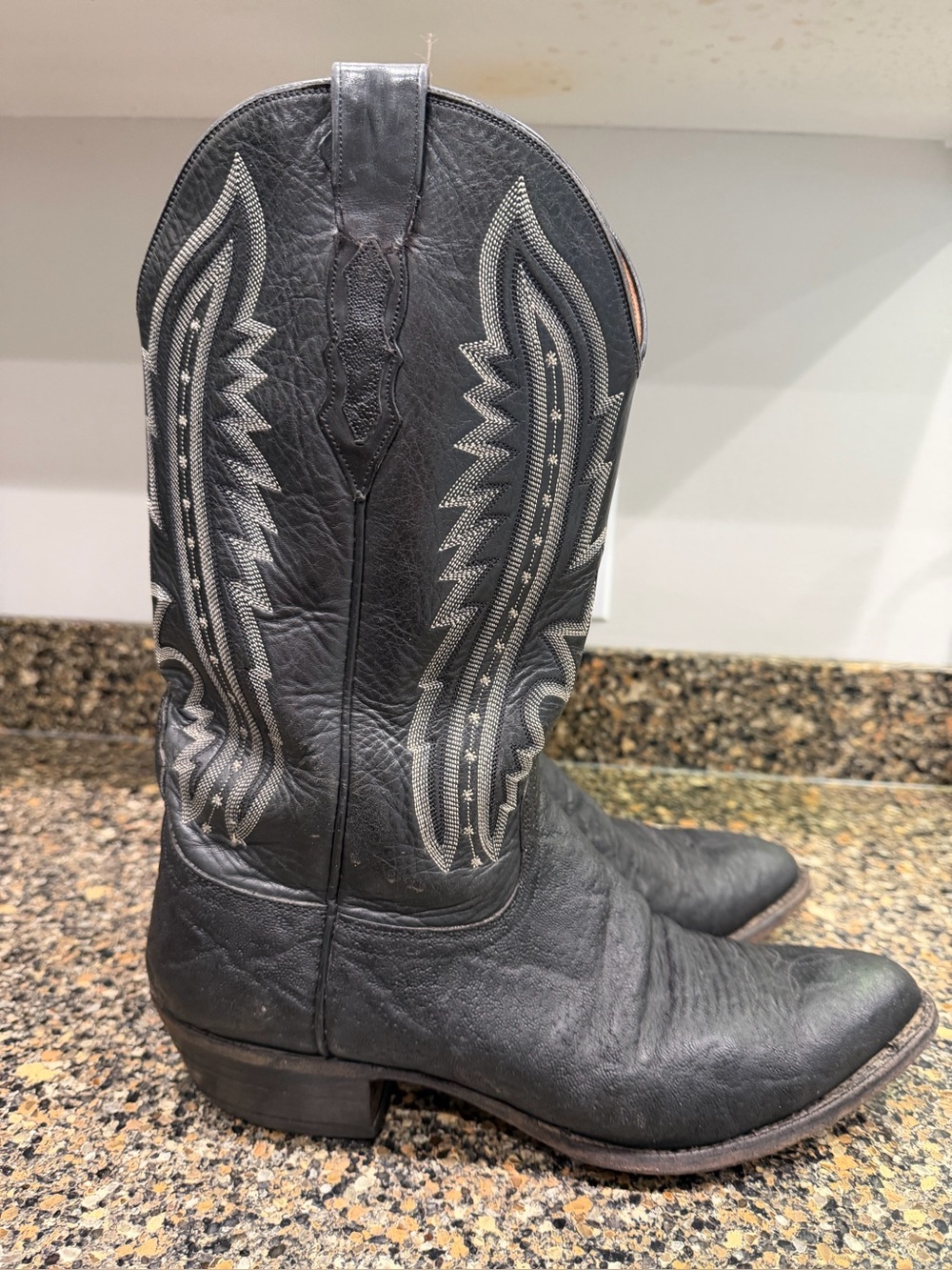 Men's  lucchese tying kangaroo  Black Embroidered Leather Western Boots 11.5